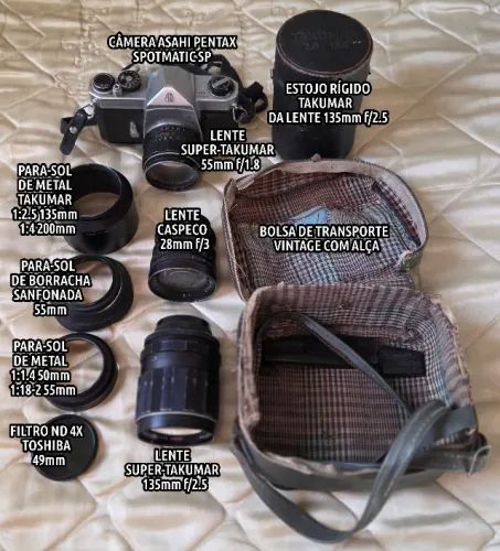 Kit Analógico: Pentax Asahi Spotmatic SP + 3 Lentes e Acessórios