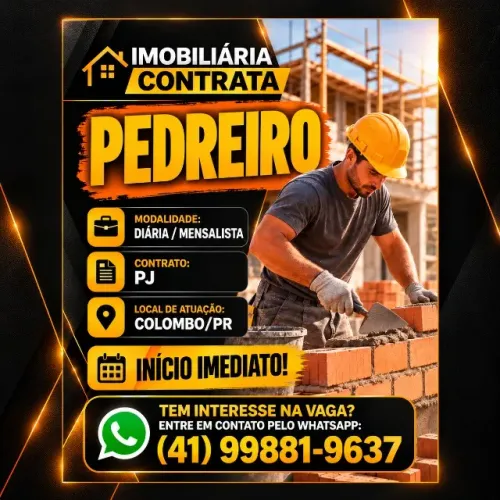 VAGA PARA PEDREIRO - INÍCIO IMEDIATO