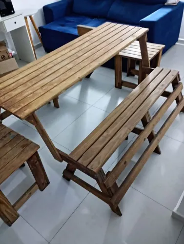 Banco que Vira Mesa 2 em 1 em Madeira Maciça + 2 Banquetas Auxiliares<br>