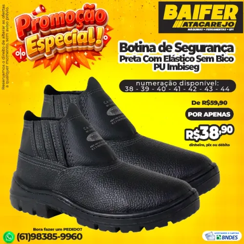Botina de Segurança Preta Com Elástico Sem Bico PU Imbiseg