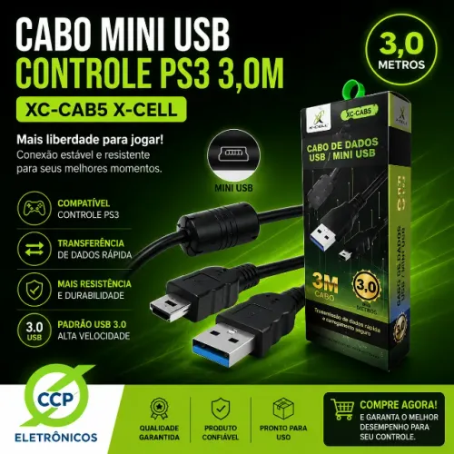 CABO MINI USB CONTROLE PS3 3,0M XC-CAB5 X-CELL
