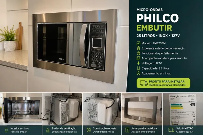 Micro-ondas Philco Inox 25L 127V + Moldura para Embutir - Impecável