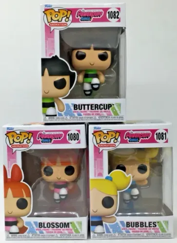 Bonecas Funko das Meninas Super Poderosas, Docinho, Florzinha e Lindinha.