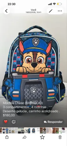 Vendo Mochila Infantil Chase patrulha canina ( Marca BARAGGIO)
