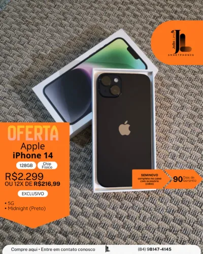 IPHONE 14, 5G, 128GB, PRETO, CHIP FÍSICO, SEMINOVO, EXCLUSIVO!