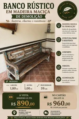 BANCO RÚSTICO EM MADEIRA MACIÇA DE DEMOLIÇÃO