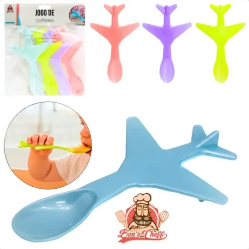 Kit 4 Colher Infantil Avião Introdução Alimentar Creche Escola Bebê Criança Diversão