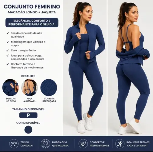 Conjunto Feminino Macacão Longo + Jaqueta Canelado Azul-Marinho - Tamanho P - Novo
