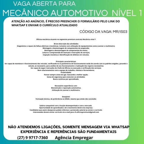VAGA PARA MECÂNICO AUTOMOTIVO NÍVEL 1