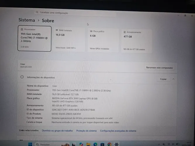 Notebook Dell G15 5511 i7 RTX 3060 6GB 16GB