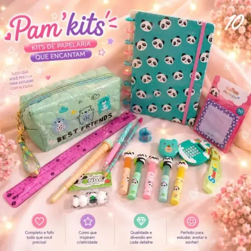 Kit De Papelaria Fofa Presente Criativo 16 Itens Panda Verde