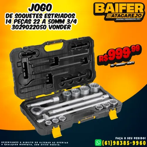 Jogo de Soquetes Estriados 14 Peças 22 a 50mm 3/4 3029022050 Vonder