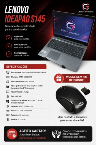  Notebook Lenovo Ideapad S145 i5 8th 8gb ram SSD: 256gb.