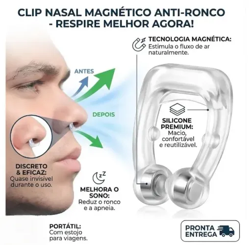 Clip Nasal Magnético Anti-Ronco - Silicone Premium com Ímãs para Melhorar a Respiração e S
