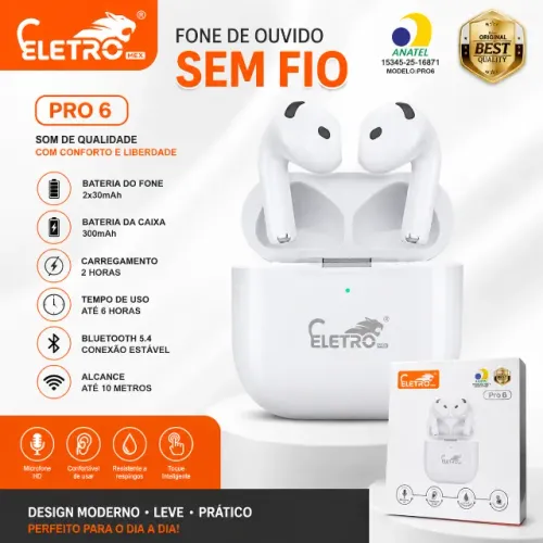 Fone de Ouvido Sem Fio Eletro Mex Pro 6 Bluetooth 5.4 TWS