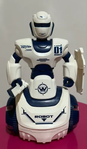 Robô Futurista branco e azul com luzes coloridas, movimento e som 