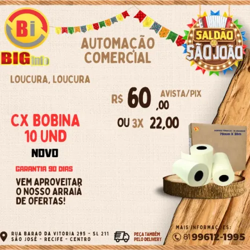 10 Bobina Térmica 80x30 - Branca Ideal Bematech Epson Elgin Branco