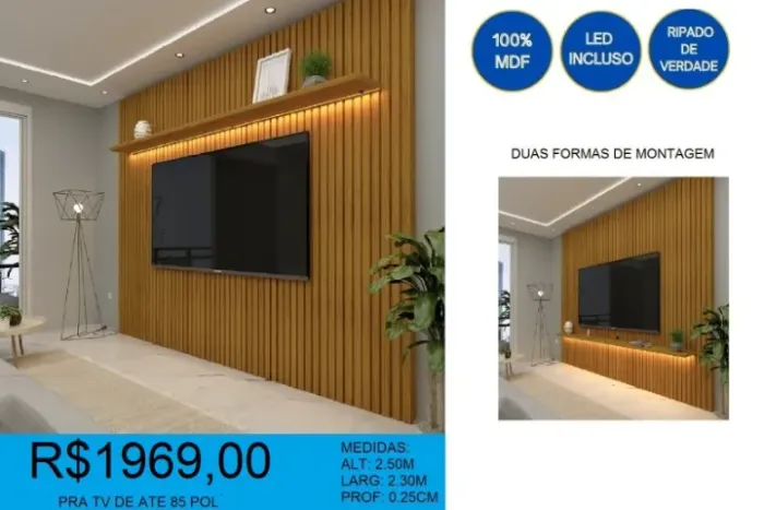 Painel para tv até 85 pol 100% mdf com led - à pronta entrega
