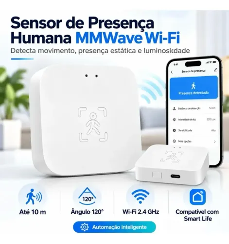 Sensor de Presença Inteligente Wi-Fi Radar 5.8GHz Luminosidade 120° 10m