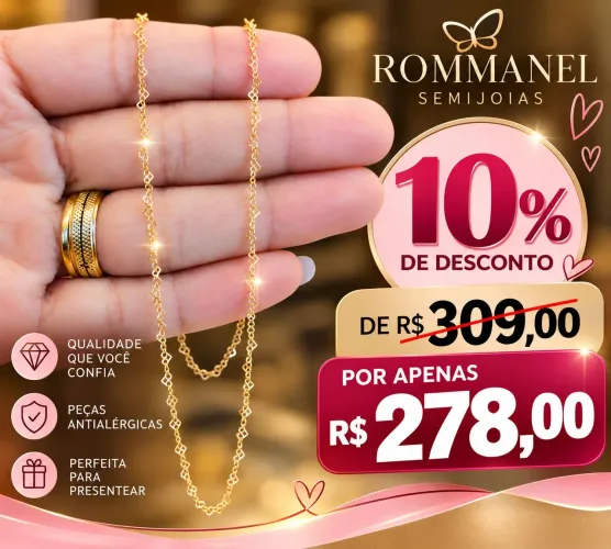 Corrente banhada a ouro 18k, tamanho 42 cm