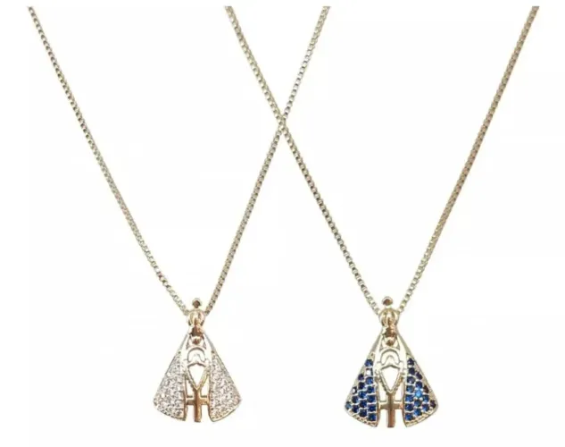 Colar Nossa Senhora Aparecida Dupla Pequena Pedras Zircônias Semi Joias Banhado Ouro 18k<br>