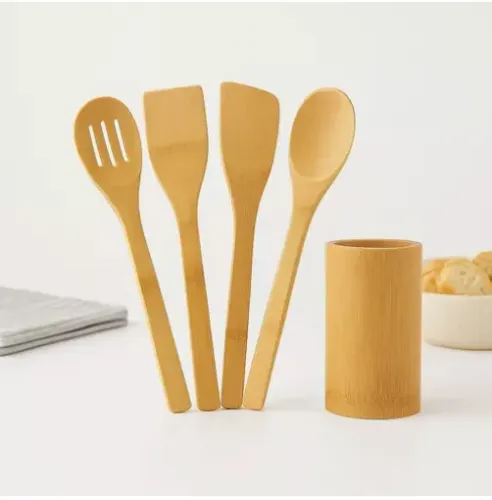 Kit Porta Utensílios Bambu 5 Peças Culinárias
