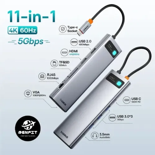 Hub Baseus Metal Gleam 11em1 1*Hdmi 3*UbsA3.0 1*UsbA2.0 1*RJ45 1*VGA 1*SD/TF 1*PD 1*3.5mm