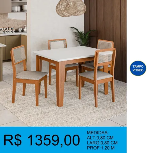 Mesa de Jantar 4 Cadeiras Tampo Branco cadeiras em telinha