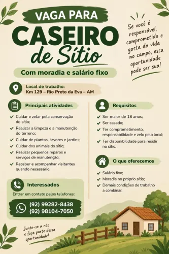 Vaga para Caseiro de Sítio - Com Moradia