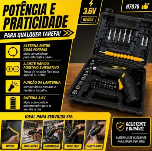 Parafusadeira Elétrica Sem Fio 3.6V Bivolt com Kit 45 Peças + Extensor Flexível