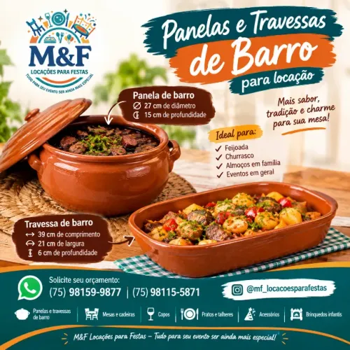 Kit 2 Panelas e 3 Travessas de Barro para locação