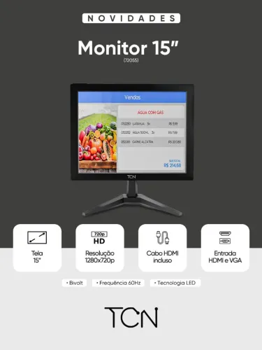Monitor 15" TCN Office LED HD, 60Hz, HDMI, VGA, Flat