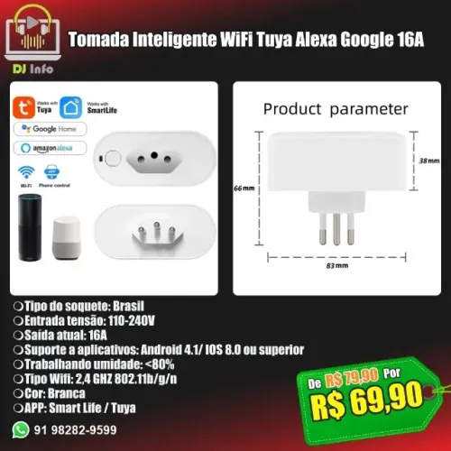 Tomada Inteligente WiFi Tuya Alexa Google 16A