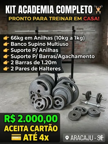 Kit Academia Completo (Banco Supino + Suportes + Barras + 66kg em Anilhas)