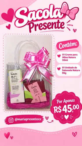 Sacola presente com creme para mãos e sabonete