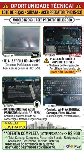 Notebook Gamer Acer Predator Helios 300 (PH315-53) - Para Retirada de Peças / Sucata