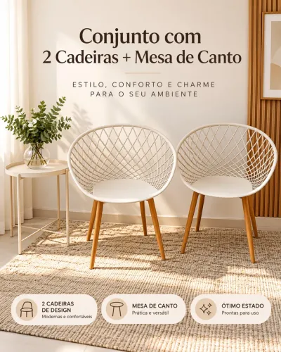 Conjunto 2 Cadeiras de Design + Mesa Lateral Branca | Super Novos