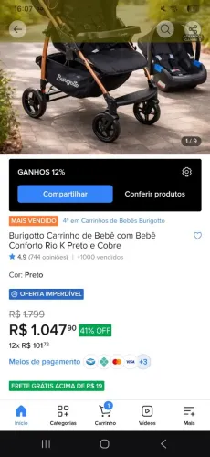 Carrinho Burigotto Rio K + Bebê Conforto<br>Cor preto com cobre
