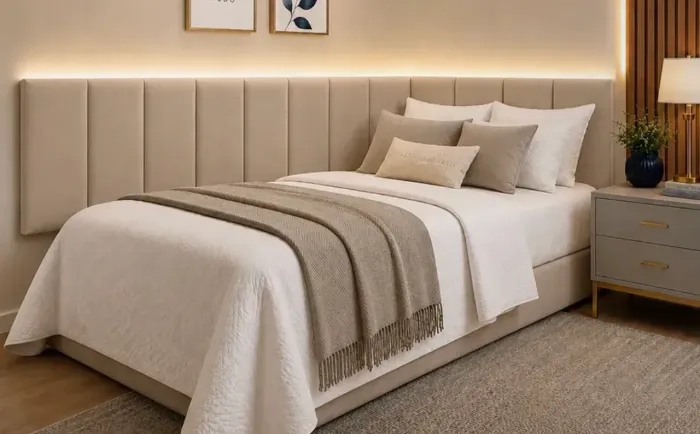 Cabeceira modular em L bege - 15 partes