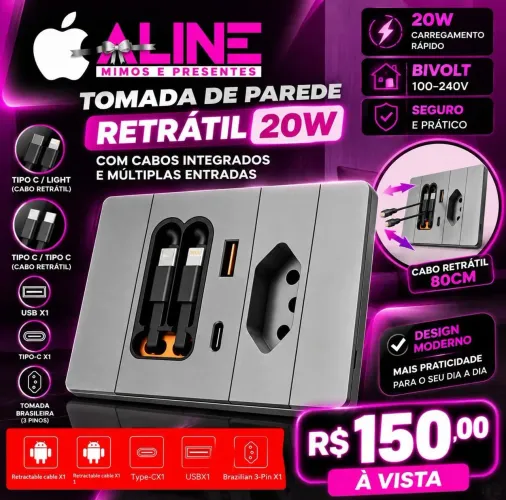 TOMADA DE PAREDE 20W CABO RETRÁTIL 1 TIPOC 1 LIGHTNING 80 CM