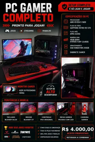 PC GAMER COMPLETO + MONITOR 144HZ + MESA GAMER + CADEIRA