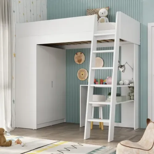 Cama alta/suspensa reforçada com guarda roupa Branco embutido
