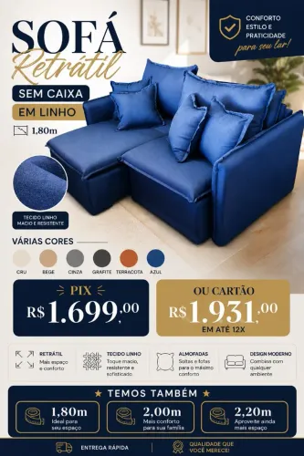 Sofá retrátil sem caixa em linho várias cores 1,80