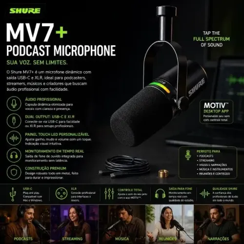 Microfone Shure MV7+ para PC, Podcast, Streaming e Gravações (SP)