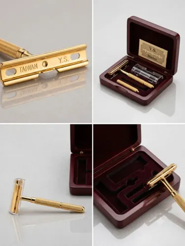 Aparelho de Barbear Vintage Y.S. Taiwan Dourado Desmontável com Estojo