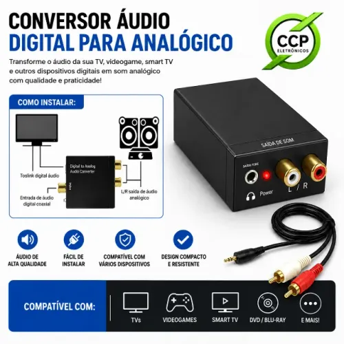 Conversor Áudio Digital Óptico Toslink e Coaxial p/ Analógico Rca e P2