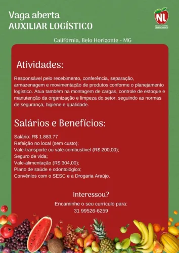 Auxiliar Logístico (Vagas Masculinas) - Empresa NL Frutas e Legumes Selecionados LTDA