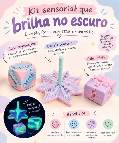 Kit brinquedo sensorial que brilha no escuro