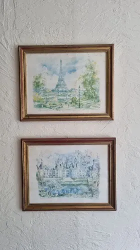 Par de quadros franceses vintage - Paisagem de Paris e Château de Chambord 