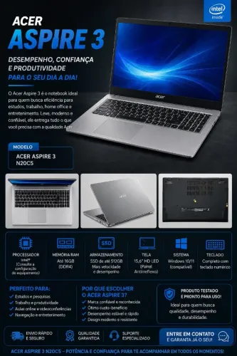 NOTEBOOK ACER ASPIRE MODELO N20C5 TELA 15,6 PRATA CELERON